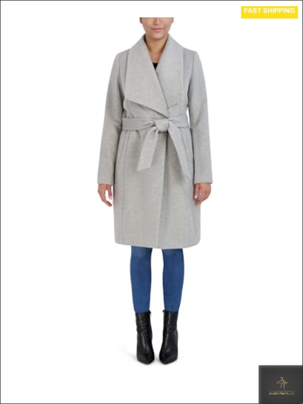 Wool Blend Belted Wrap Peacoat with Snap Closure, Long Sleeve